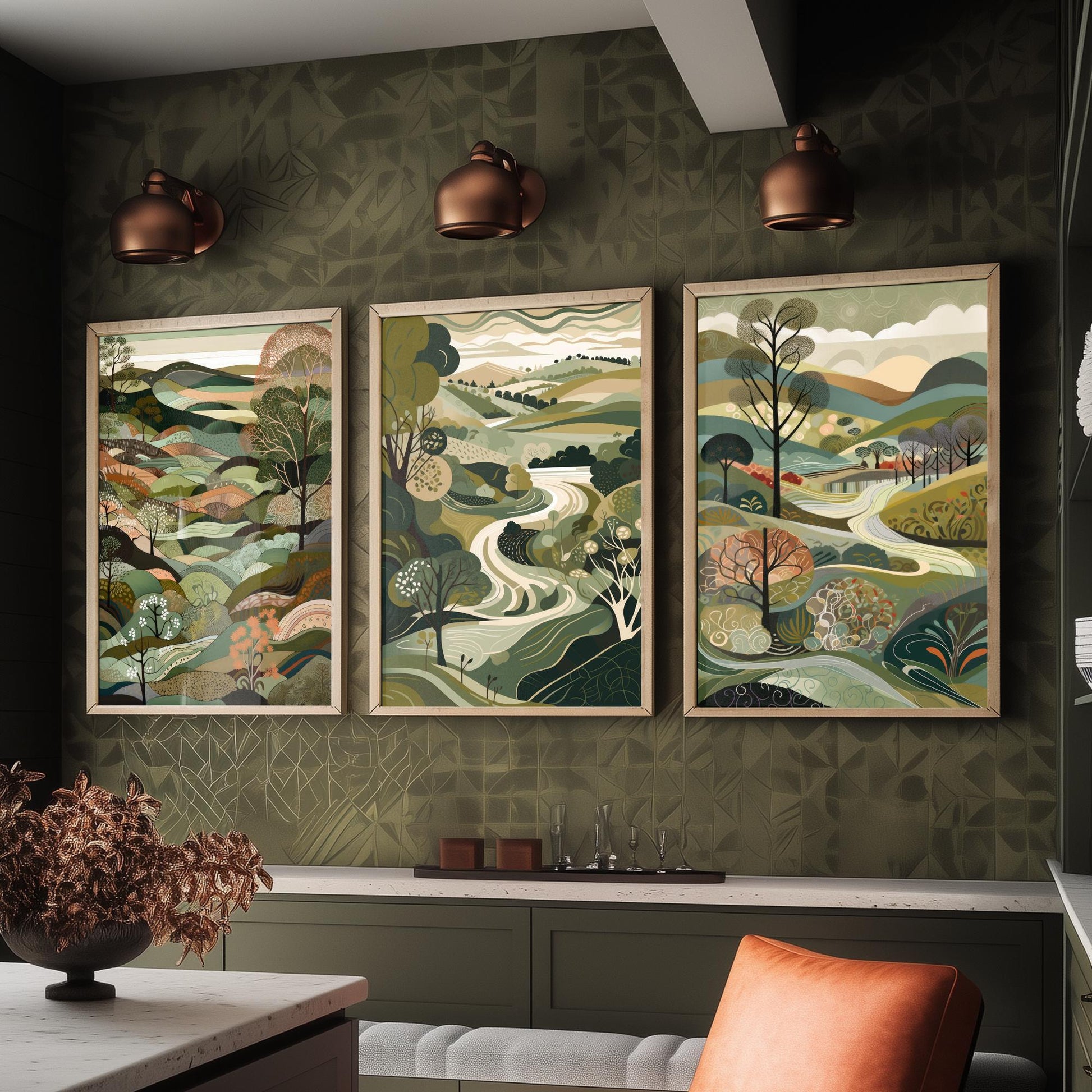 A Landscape in Olive Set of Three Art Prints - 3 Sage Green Folk Art Posters - Patchwork Fields and Trees Countryside Illustration