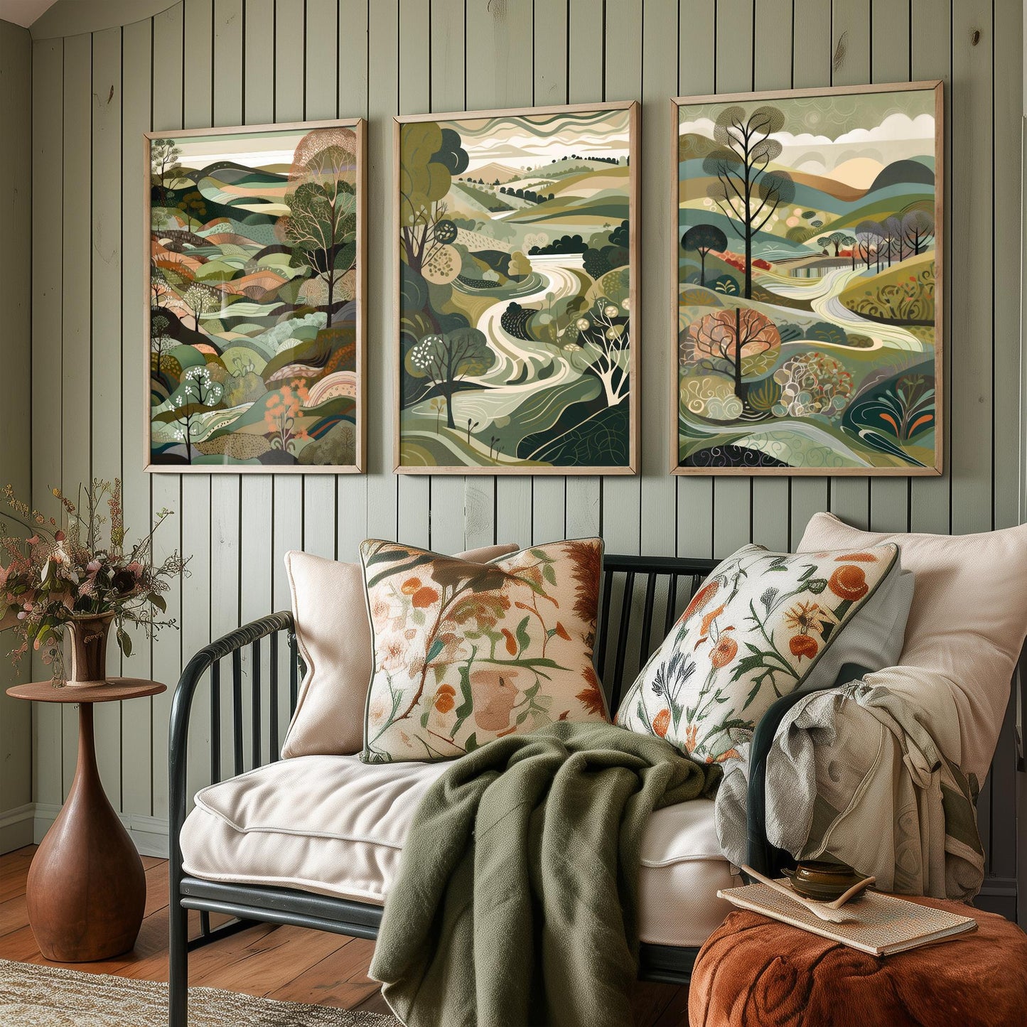 A Landscape in Olive Set of Three Art Prints - 3 Sage Green Folk Art Posters - Patchwork Fields and Trees Countryside Illustration