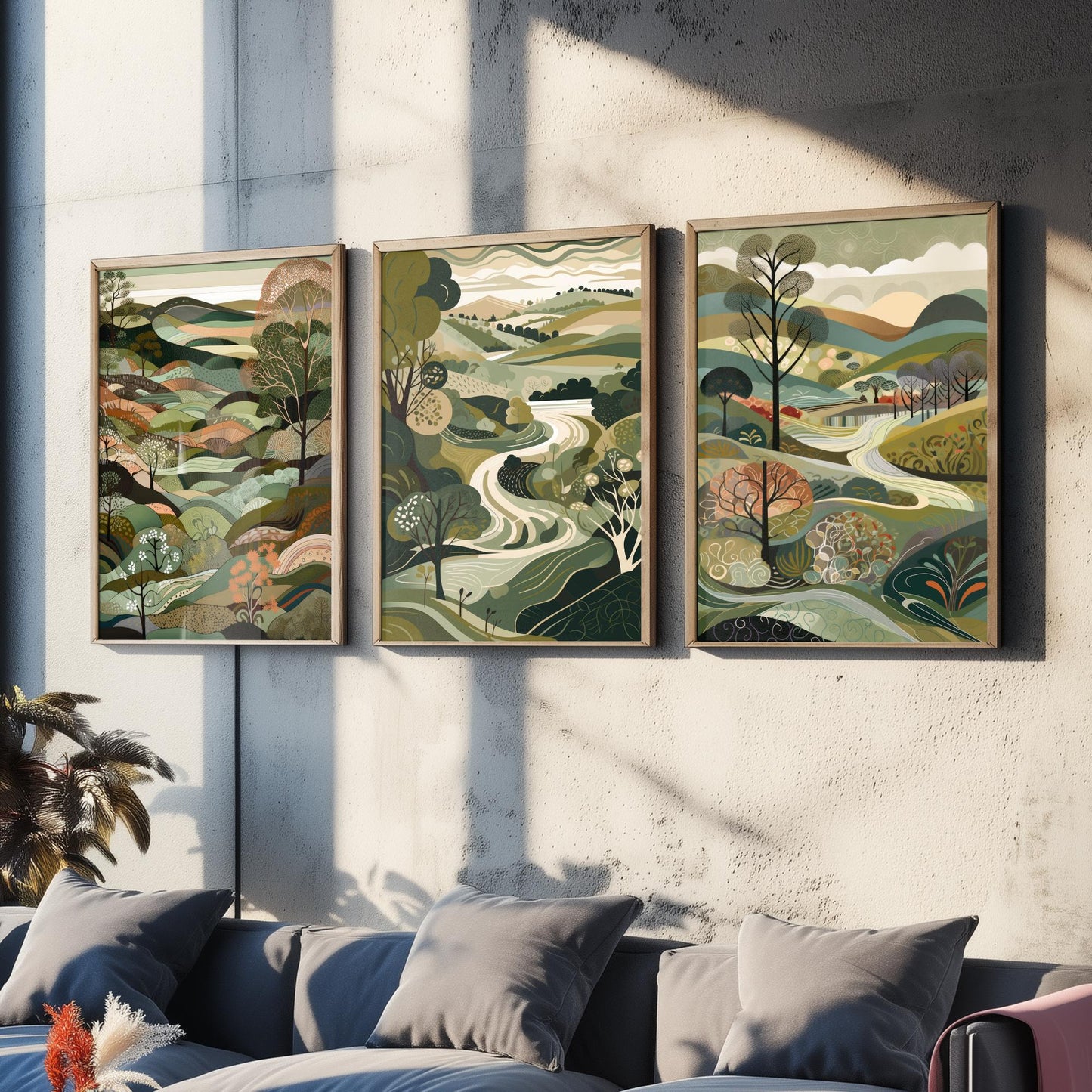 A Landscape in Olive Set of Three Art Prints - 3 Sage Green Folk Art Posters - Patchwork Fields and Trees Countryside Illustration