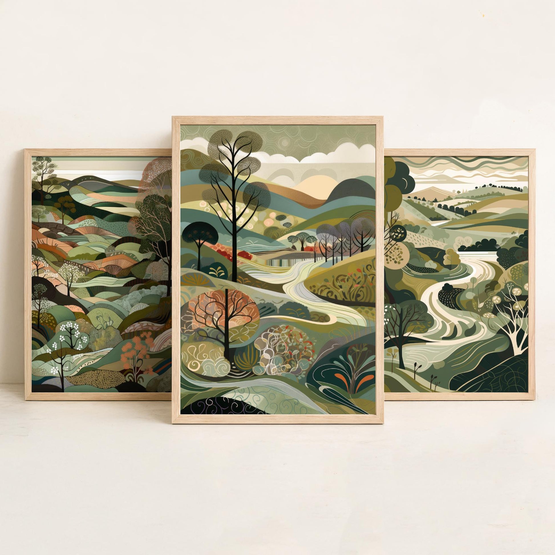 A Landscape in Olive Set of Three Art Prints - 3 Sage Green Folk Art Posters - Patchwork Fields and Trees Countryside Illustration