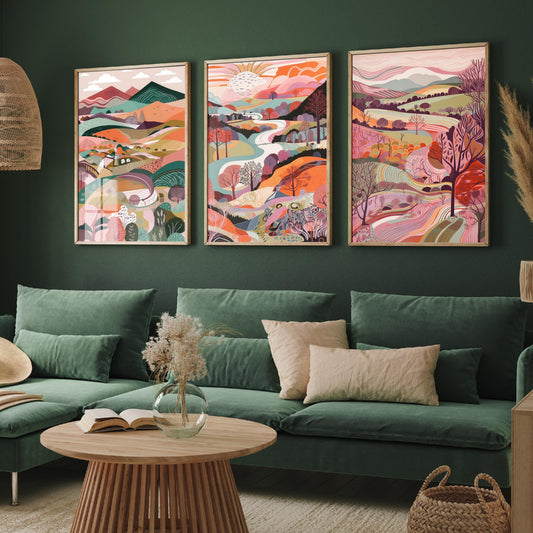 A Landscape in Pink Set of Three Art Prints - 3 Colourful Folk Art Mountain Posters - Coral Orange Valley River Illustration