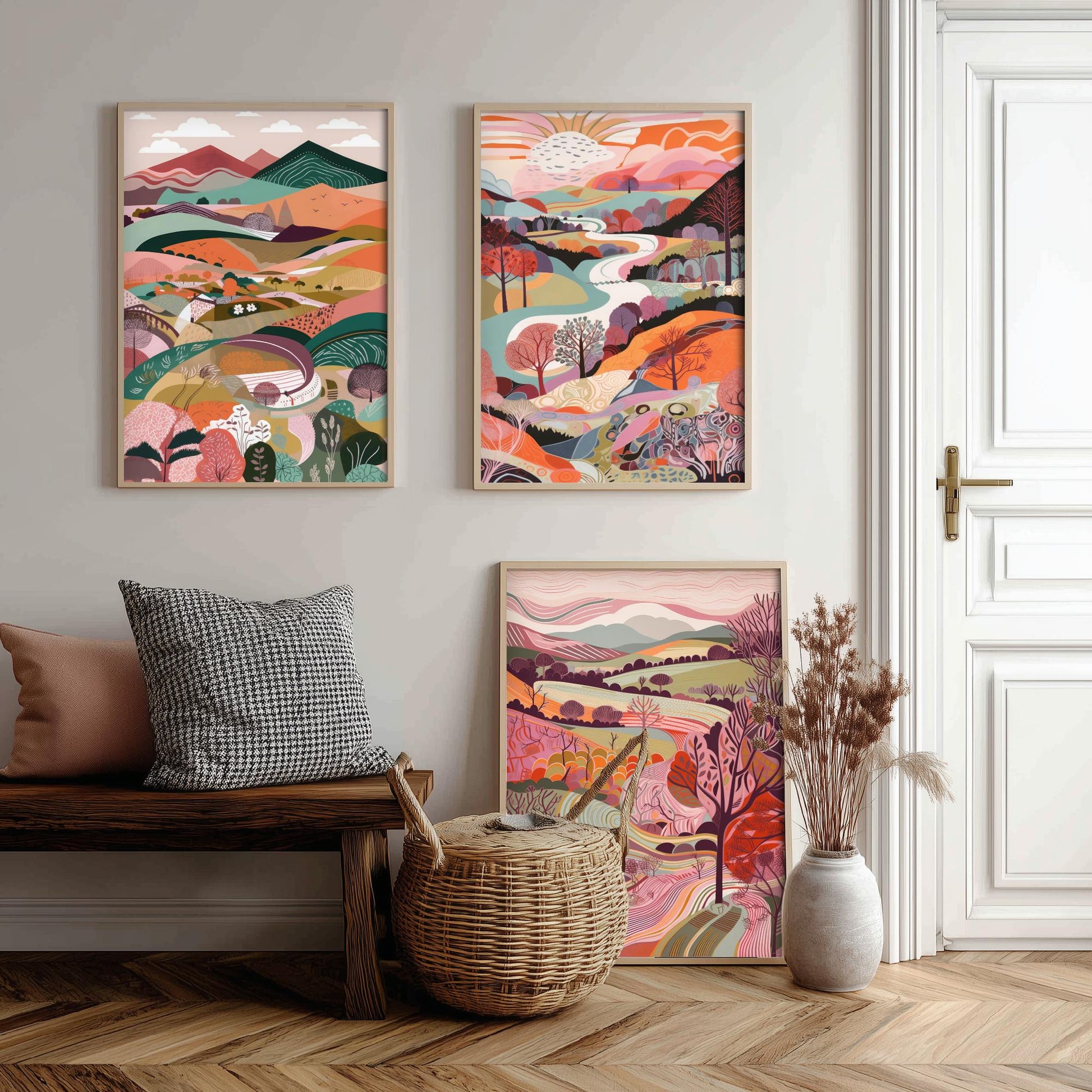 A Landscape in Pink Set of Three Art Prints - 3 Colourful Folk Art Mountain Posters - Coral Orange Valley River Illustration