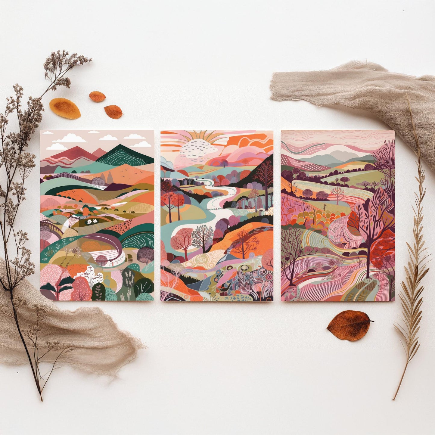 A Landscape in Pink Set of Three Art Prints - 3 Colourful Folk Art Mountain Posters - Coral Orange Valley River Illustration
