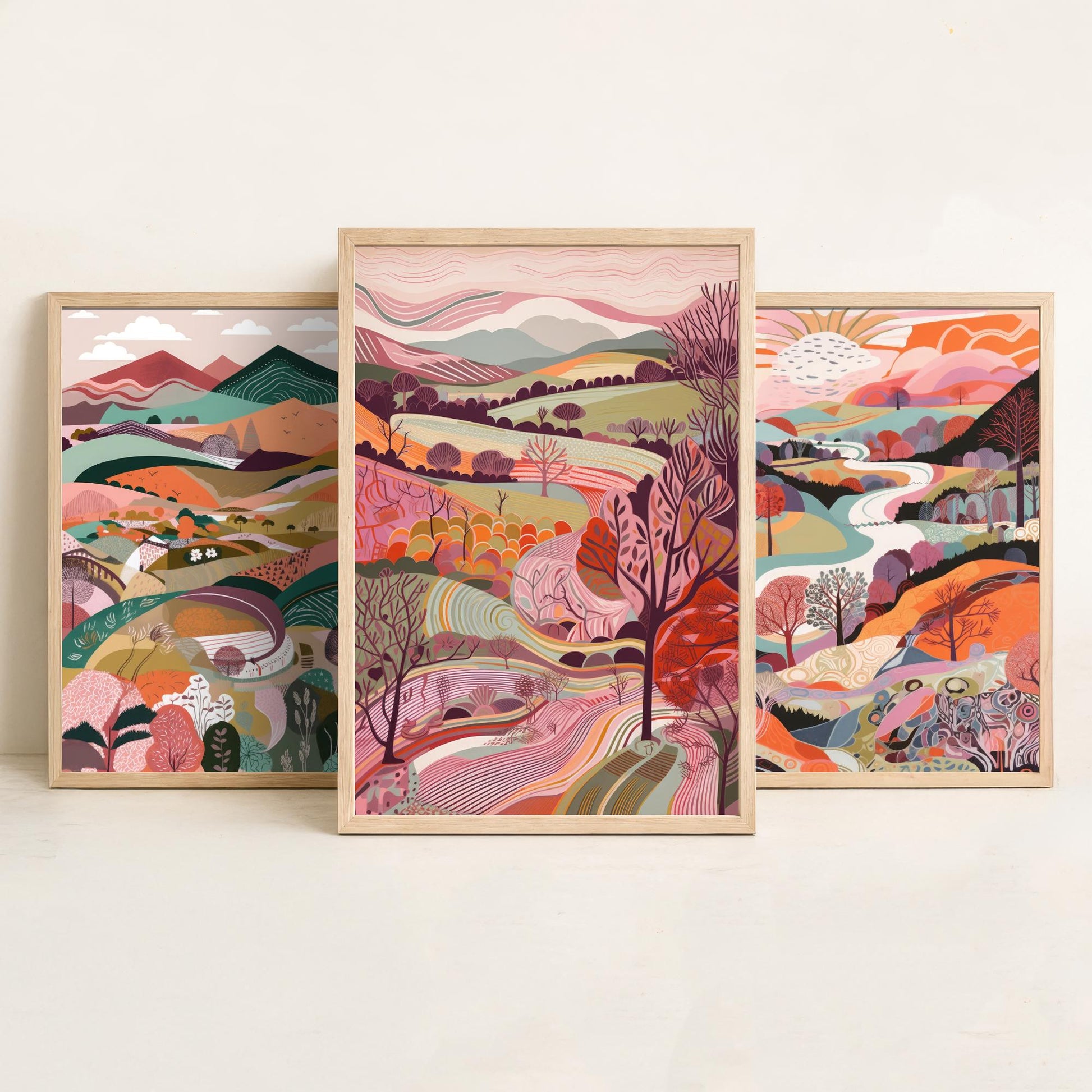A Landscape in Pink Set of Three Art Prints - 3 Colourful Folk Art Mountain Posters - Coral Orange Valley River Illustration