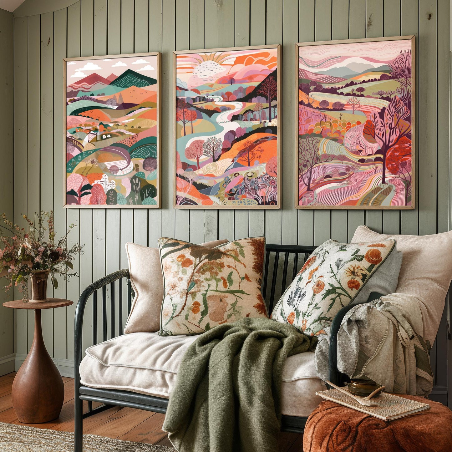 A Landscape in Pink Set of Three Art Prints - 3 Colourful Folk Art Mountain Posters - Coral Orange Valley River Illustration
