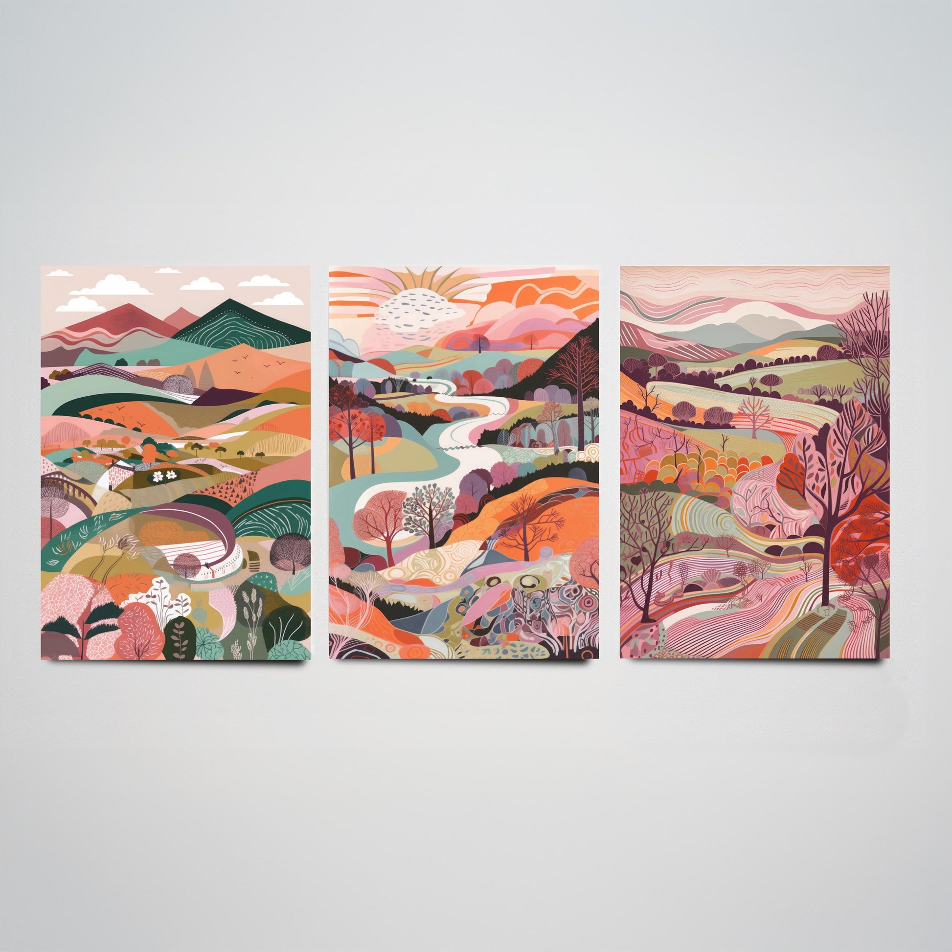 A Landscape in Pink Set of Three Art Prints - 3 Colourful Folk Art Mountain Posters - Coral Orange Valley River Illustration