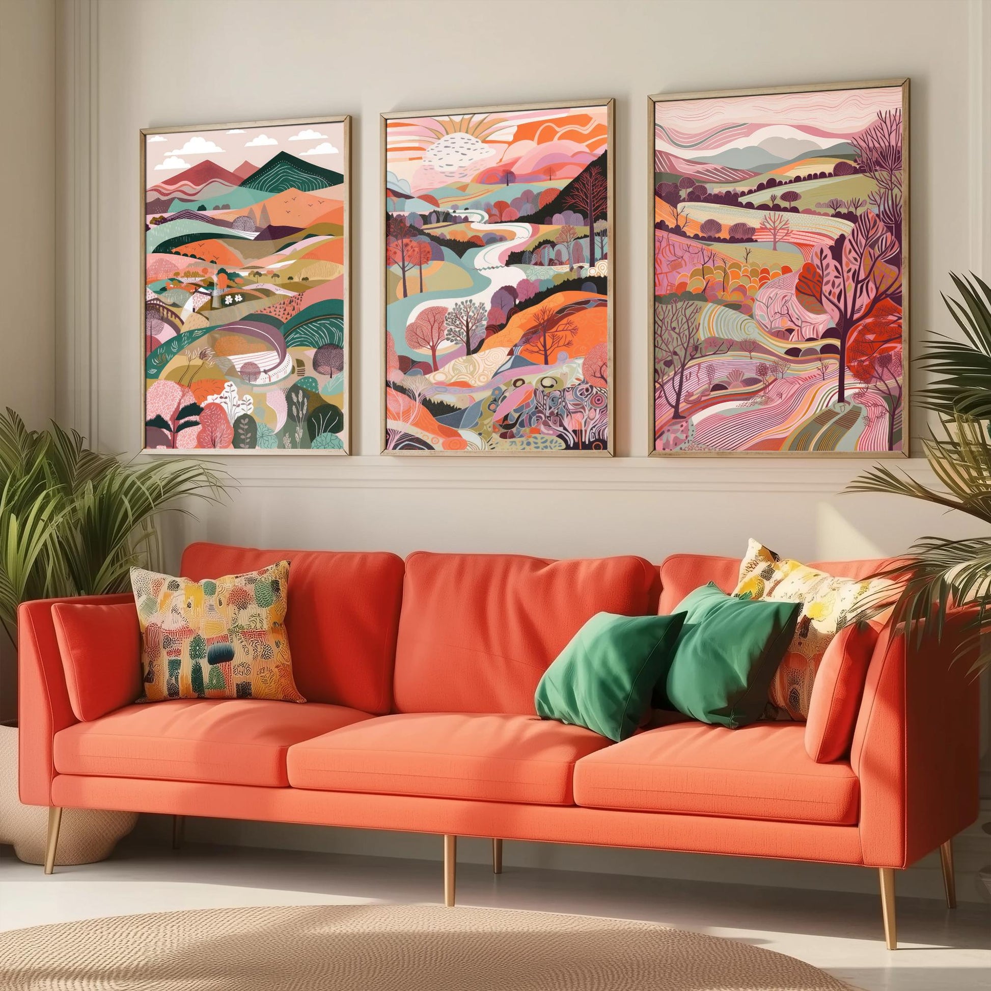 A Landscape in Pink Set of Three Art Prints - 3 Colourful Folk Art Mountain Posters - Coral Orange Valley River Illustration