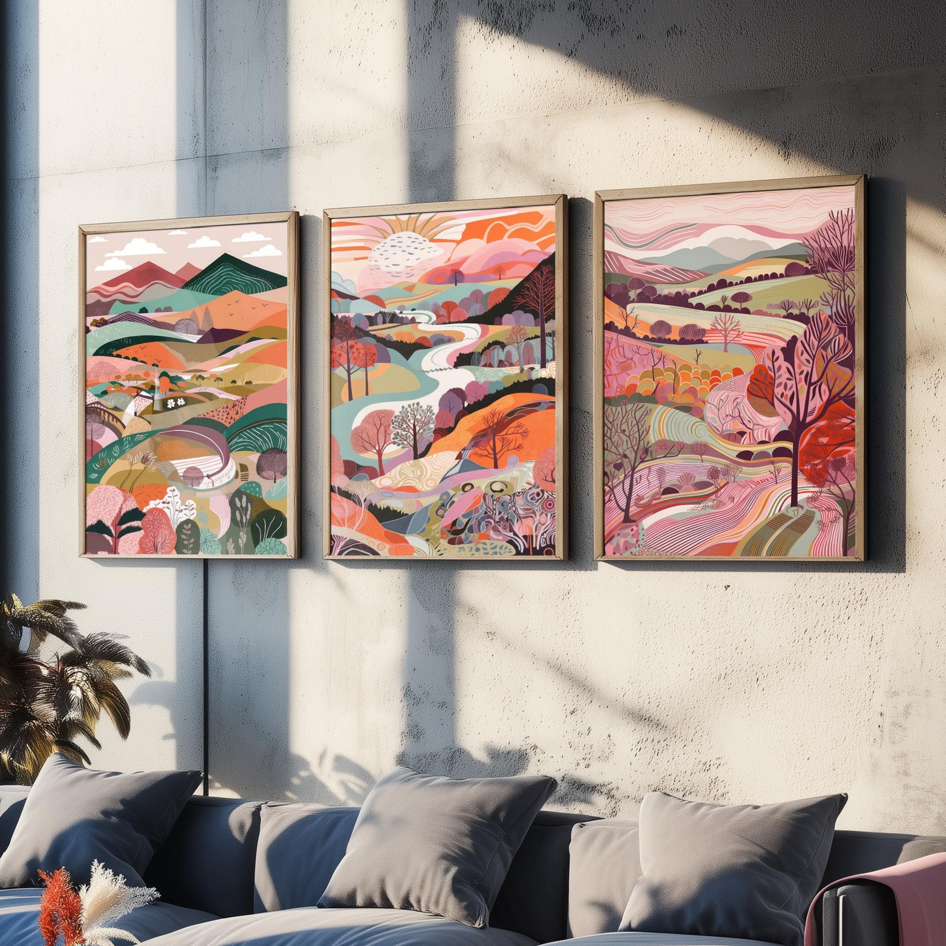 A Landscape in Pink Set of Three Art Prints - 3 Colourful Folk Art Mountain Posters - Coral Orange Valley River Illustration