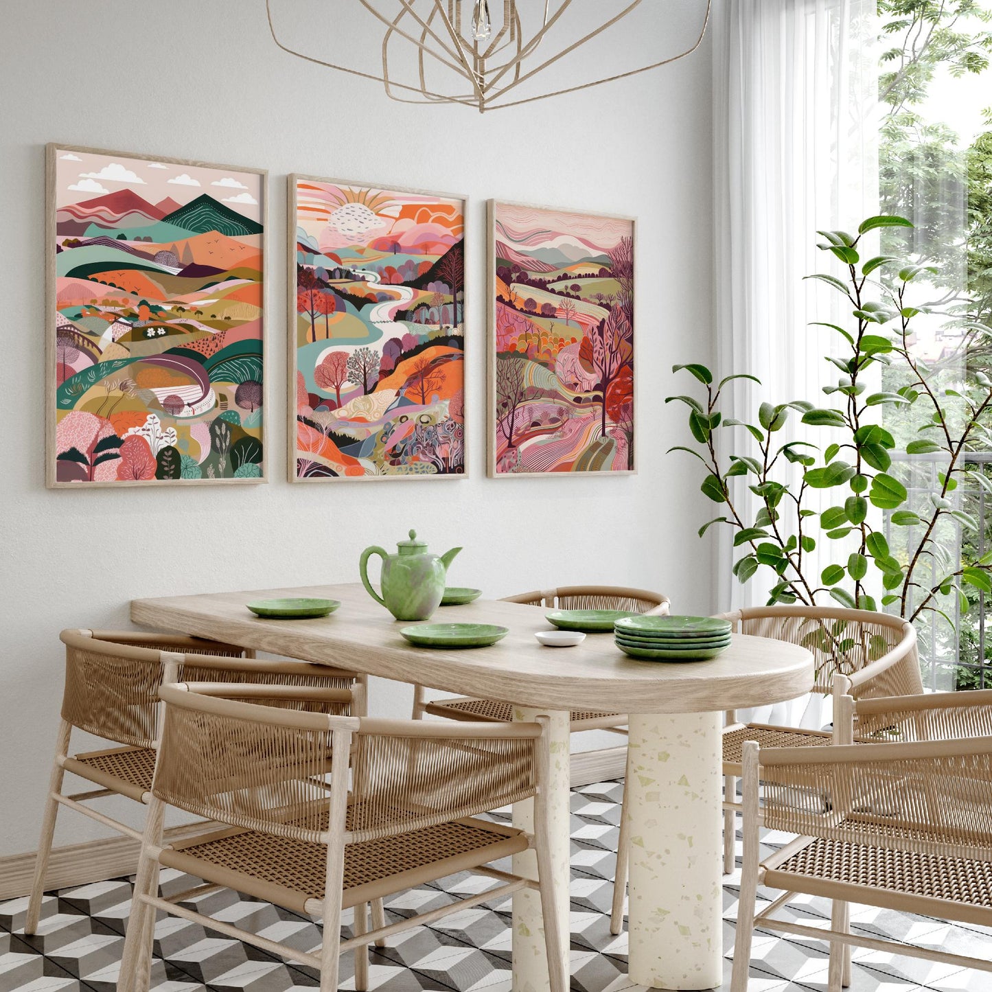 A Landscape in Pink Set of Three Art Prints - 3 Colourful Folk Art Mountain Posters - Coral Orange Valley River Illustration