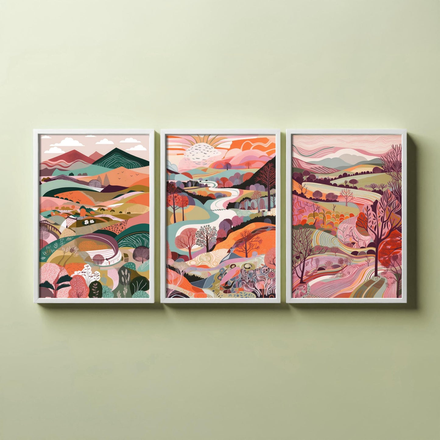 A Landscape in Pink Set of Three Art Prints - 3 Colourful Folk Art Mountain Posters - Coral Orange Valley River Illustration