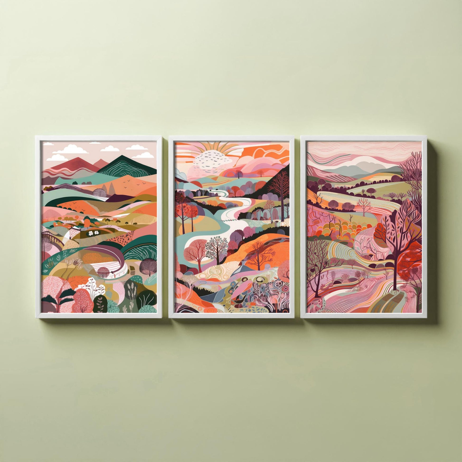 A Landscape in Pink Set of Three Art Prints - 3 Colourful Folk Art Mountain Posters - Coral Orange Valley River Illustration