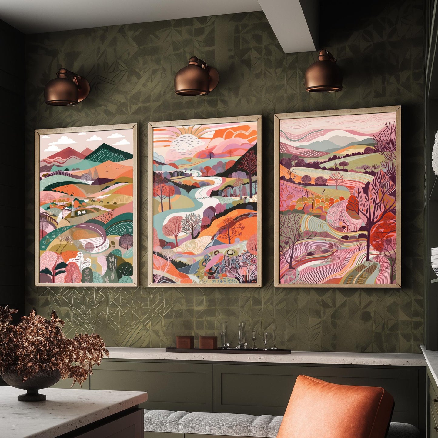 A Landscape in Pink Set of Three Art Prints - 3 Colourful Folk Art Mountain Posters - Coral Orange Valley River Illustration