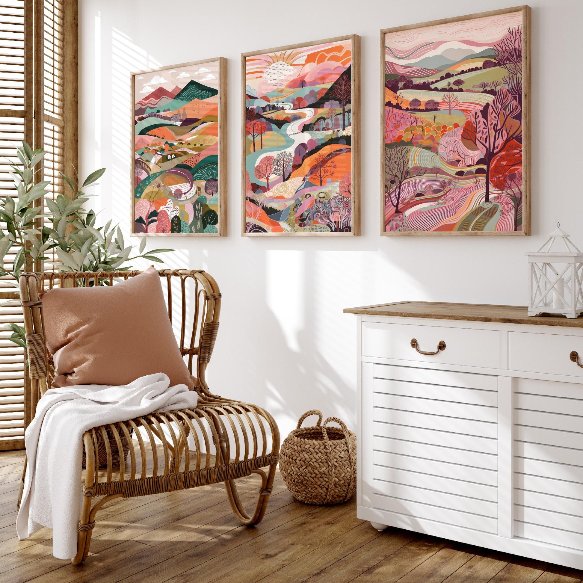 A Landscape in Pink Set of Three Art Prints - 3 Colourful Folk Art Mountain Posters - Coral Orange Valley River Illustration