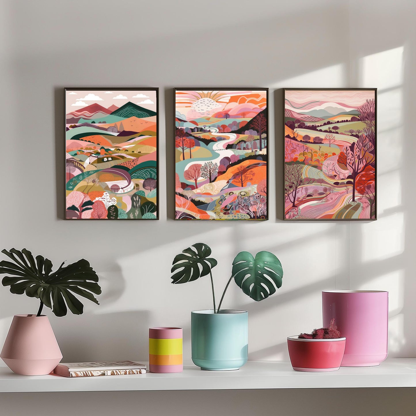 A Landscape in Pink Set of Three Art Prints - 3 Colourful Folk Art Mountain Posters - Coral Orange Valley River Illustration