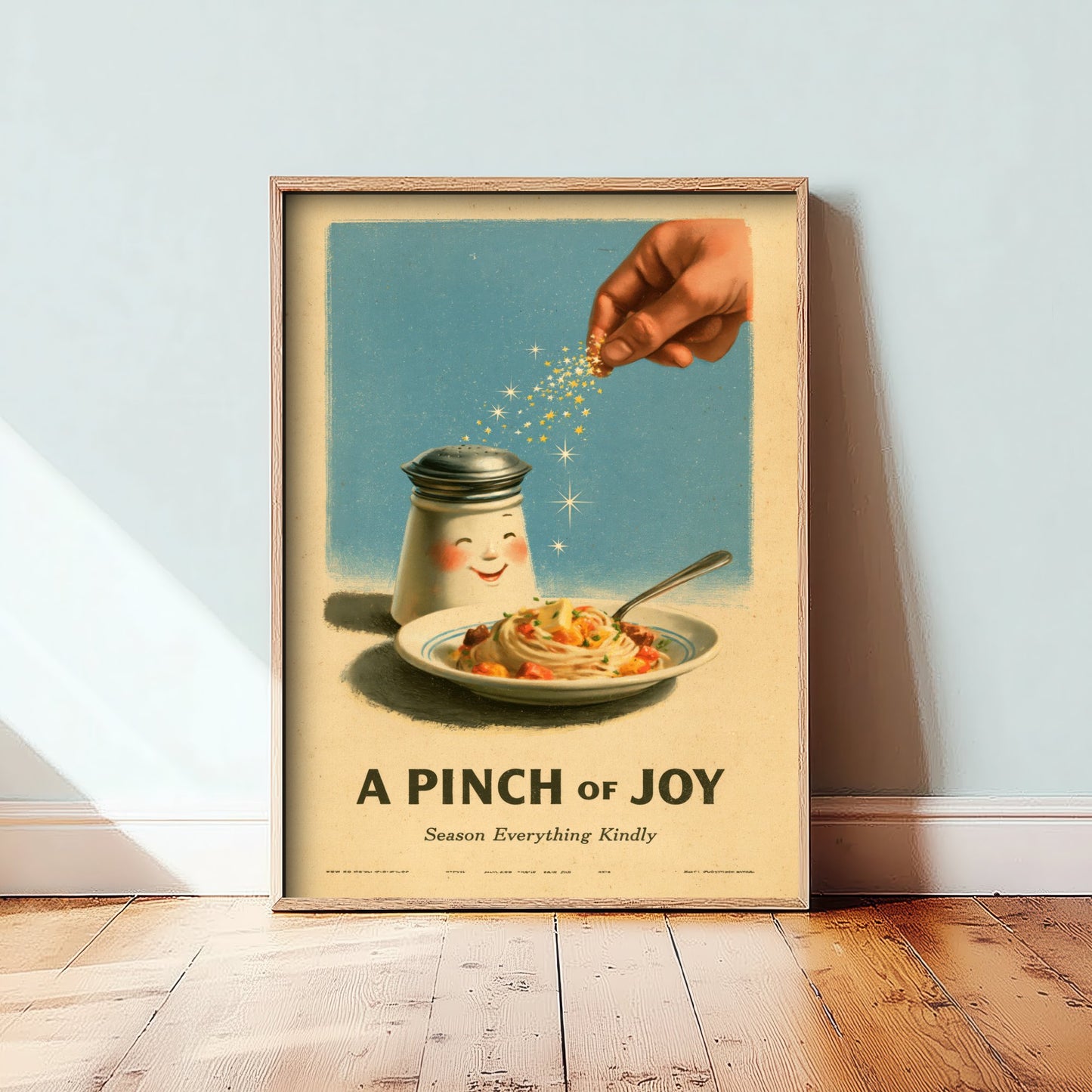 A Pinch of Joy Art Print - Smiling Salt Shaker Poster - Retro Kitchen Advert Illustration V1