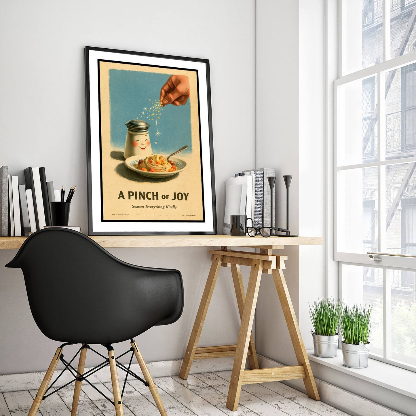A Pinch of Joy Art Print - Smiling Salt Shaker Poster - Retro Kitchen Advert Illustration V1
