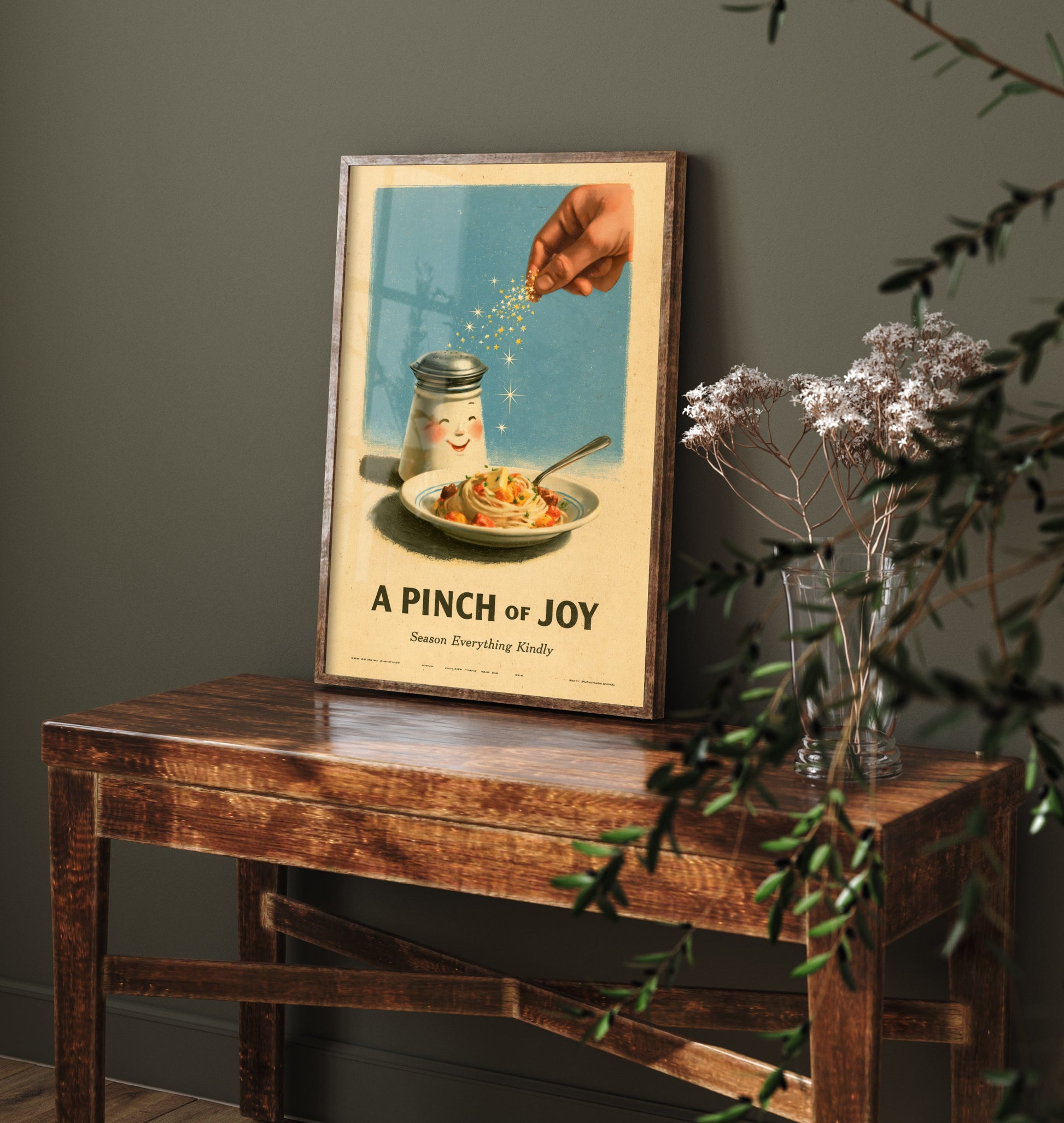 A Pinch of Joy Art Print - Smiling Salt Shaker Poster - Retro Kitchen Advert Illustration V1