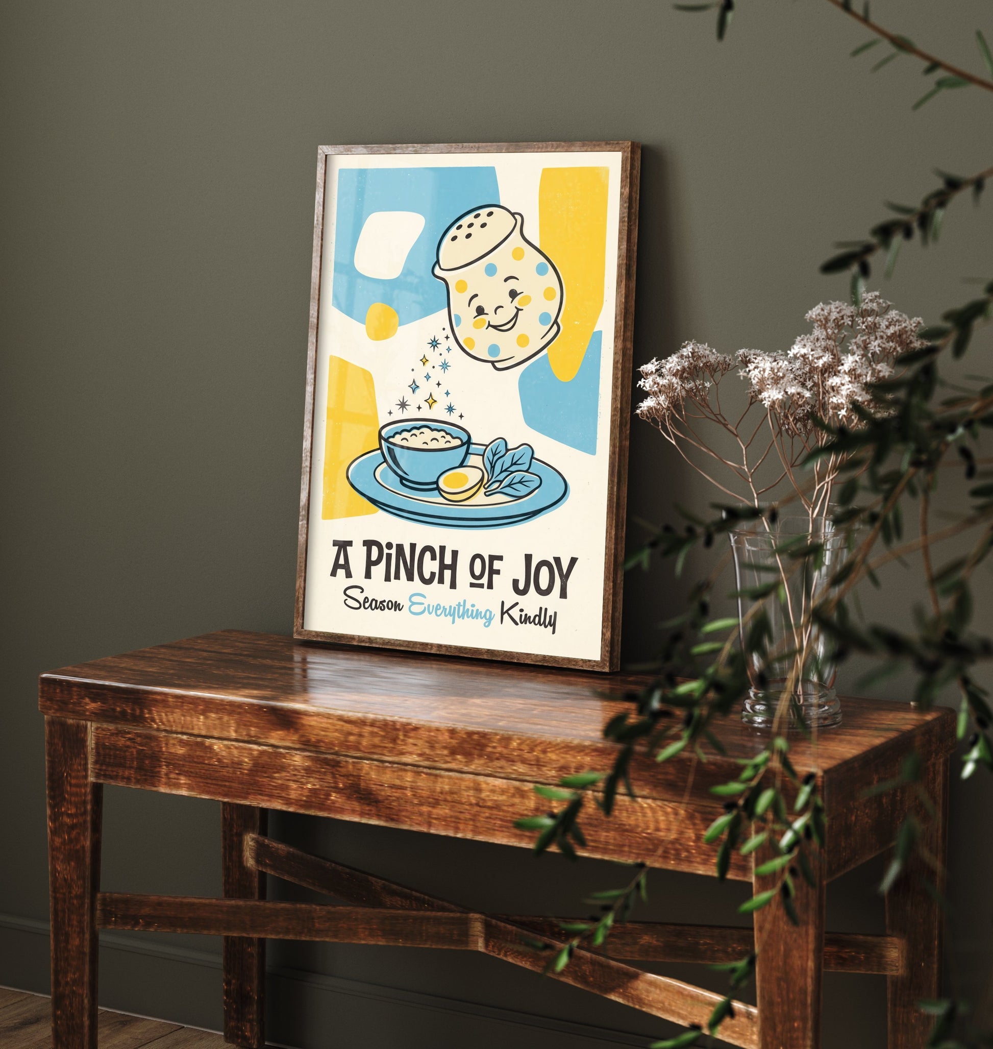 A Pinch of Joy Print - Polka Dot Salt Shaker Illustration - Mid Century Kitchen Art Poster V3