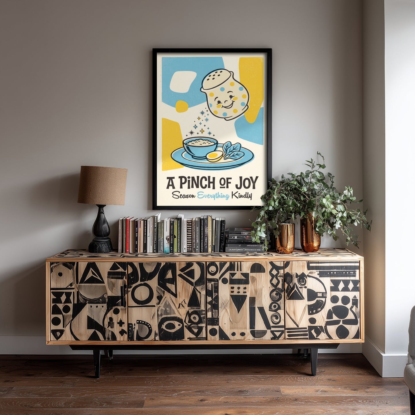 A Pinch of Joy Print - Polka Dot Salt Shaker Illustration - Mid Century Kitchen Art Poster V3