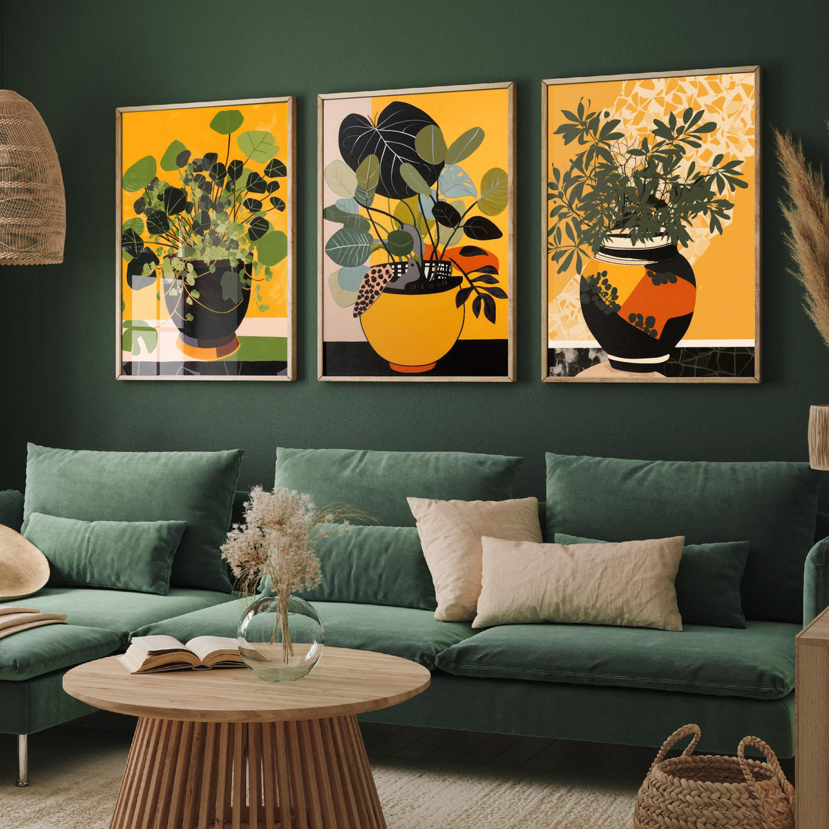 Potted Plant Set of Three Art Prints - Leafy Green Plants in Pots on Mustard Yellow - Mid Century Cut Paper Poster Illustration