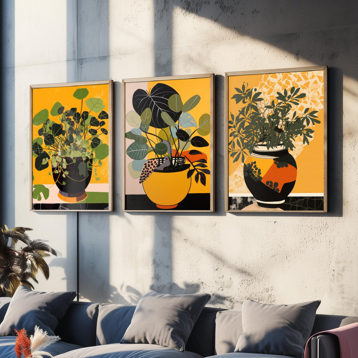 Potted Plant Set of Three Art Prints - Leafy Green Plants in Pots on Mustard Yellow - Mid Century Cut Paper Poster Illustration