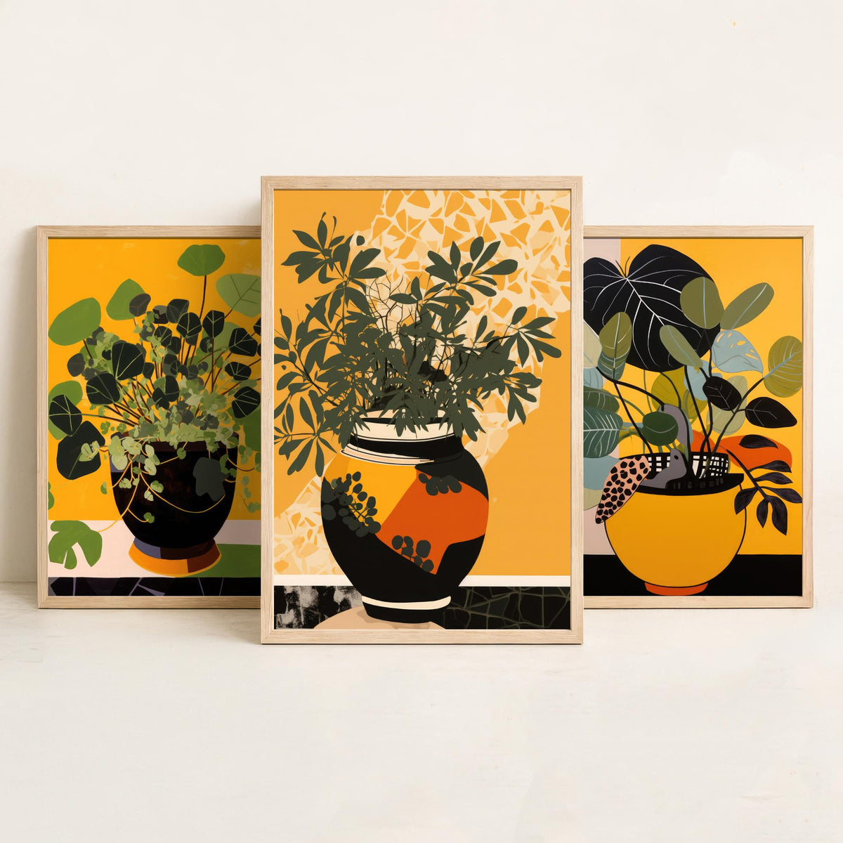 Potted Plant Set of Three Art Prints - Leafy Green Plants in Pots on Mustard Yellow - Mid Century Cut Paper Poster Illustration