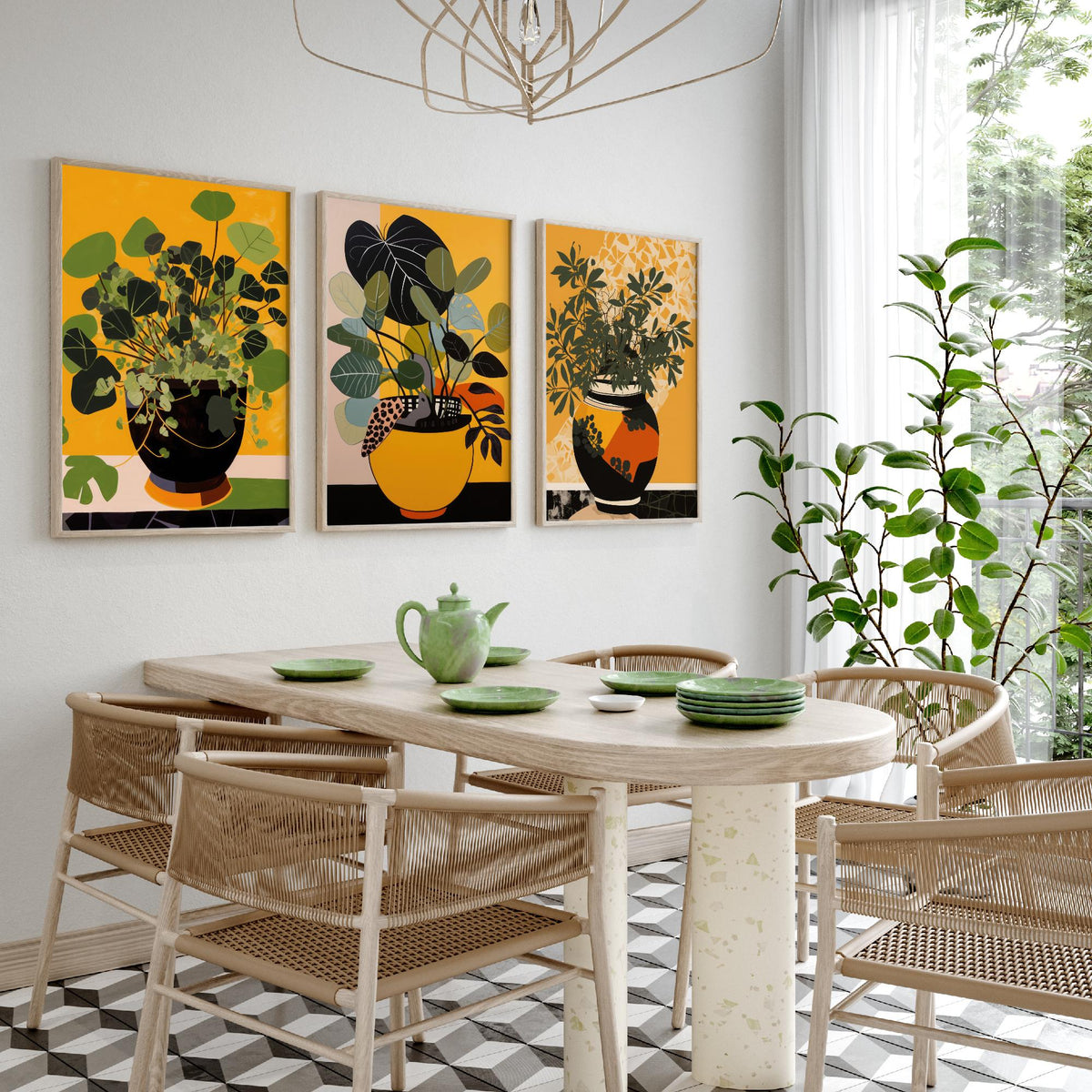 Potted Plant Set of Three Art Prints - Leafy Green Plants in Pots on Mustard Yellow - Mid Century Cut Paper Poster Illustration