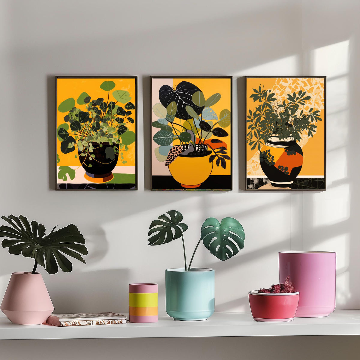 Potted Plant Set of Three Art Prints - Leafy Green Plants in Pots on Mustard Yellow - Mid Century Cut Paper Poster Illustration