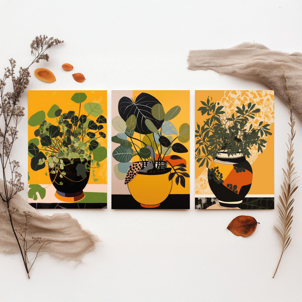Potted Plant Set of Three Art Prints - Leafy Green Plants in Pots on Mustard Yellow - Mid Century Cut Paper Poster Illustration