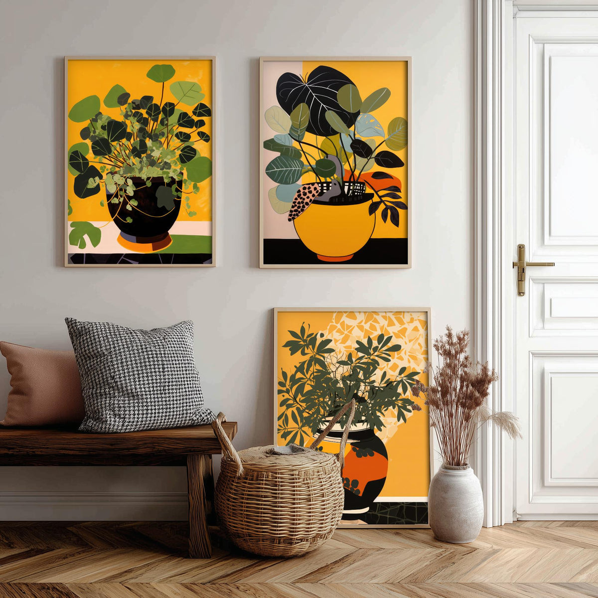 Potted Plant Set of Three Art Prints - Leafy Green Plants in Pots on Mustard Yellow - Mid Century Cut Paper Poster Illustration