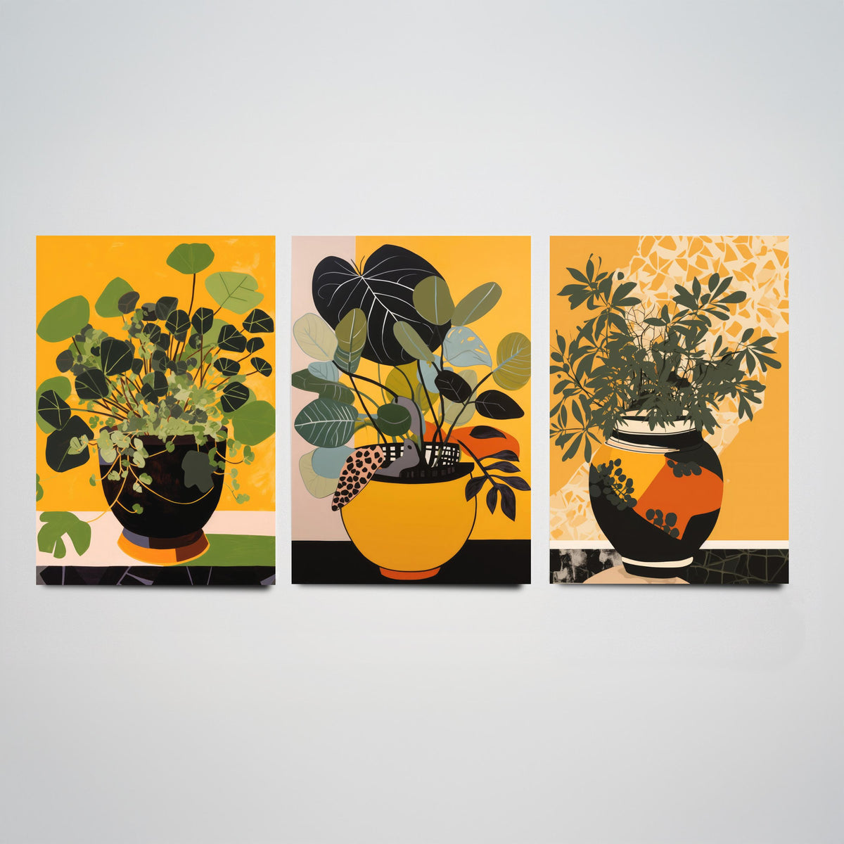 Potted Plant Set of Three Art Prints - Leafy Green Plants in Pots on Mustard Yellow - Mid Century Cut Paper Poster Illustration