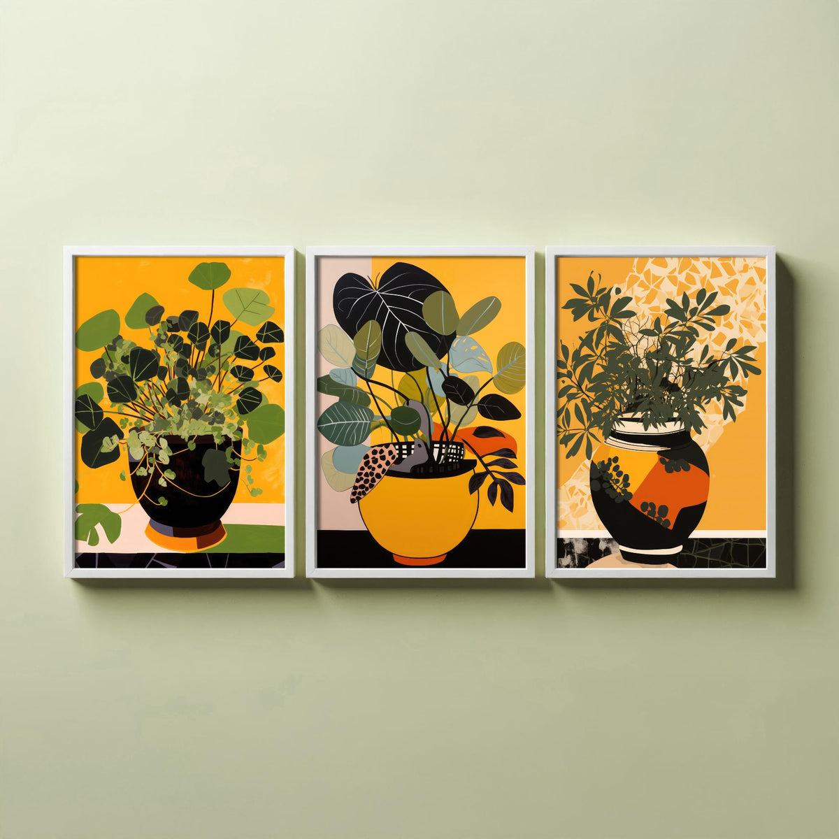 Potted Plant Set of Three Art Prints - Leafy Green Plants in Pots on Mustard Yellow - Mid Century Cut Paper Poster Illustration