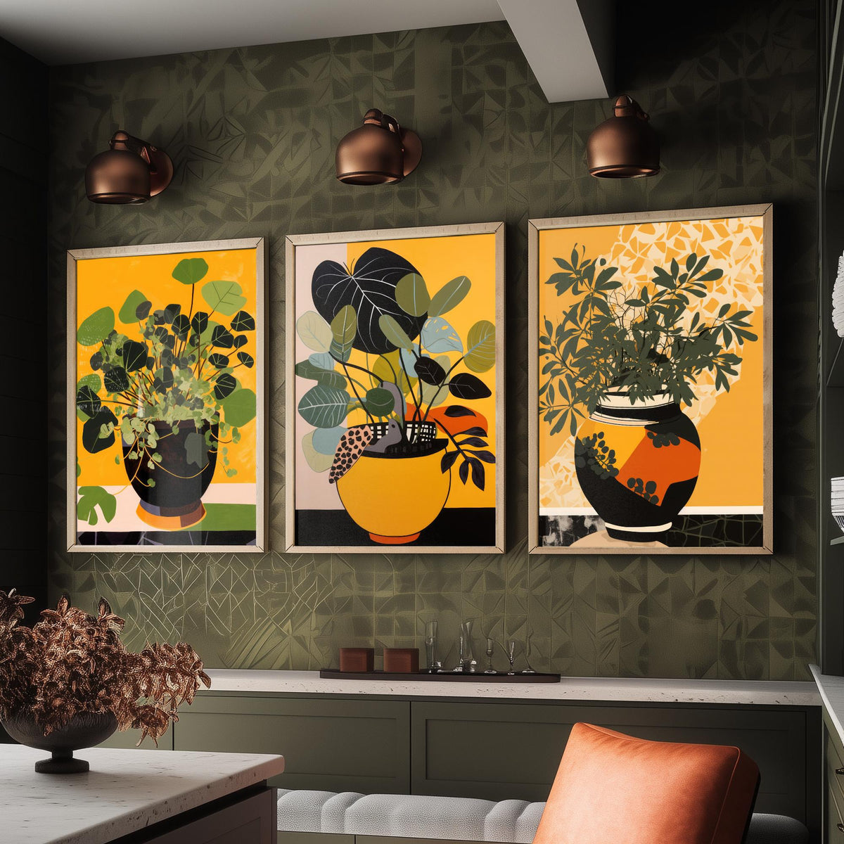 Potted Plant Set of Three Art Prints - Leafy Green Plants in Pots on Mustard Yellow - Mid Century Cut Paper Poster Illustration