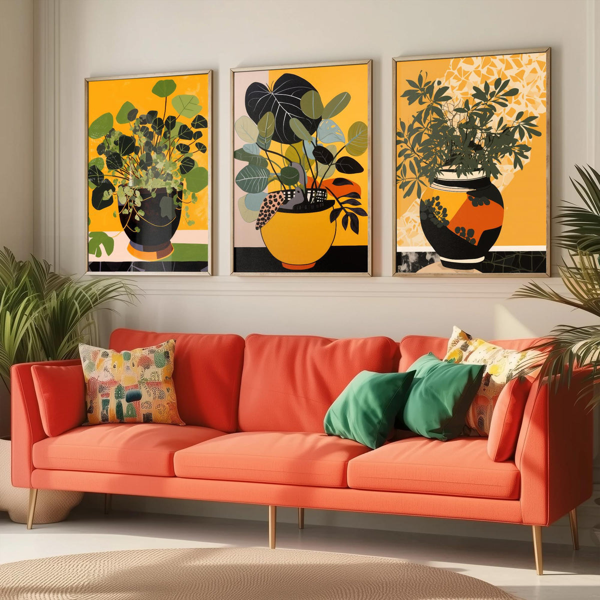 Potted Plant Set of Three Art Prints - Leafy Green Plants in Pots on Mustard Yellow - Mid Century Cut Paper Poster Illustration