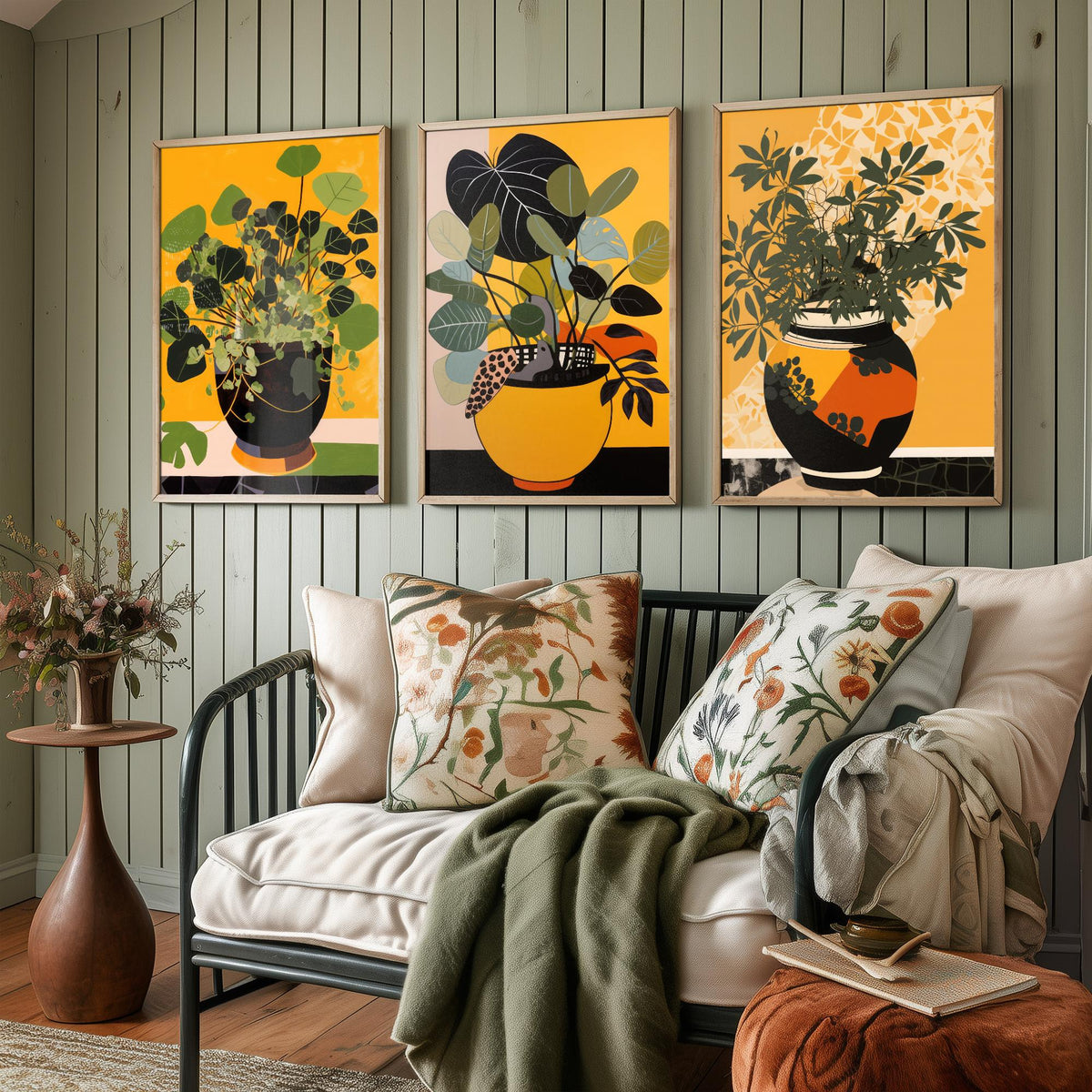Potted Plant Set of Three Art Prints - Leafy Green Plants in Pots on Mustard Yellow - Mid Century Cut Paper Poster Illustration
