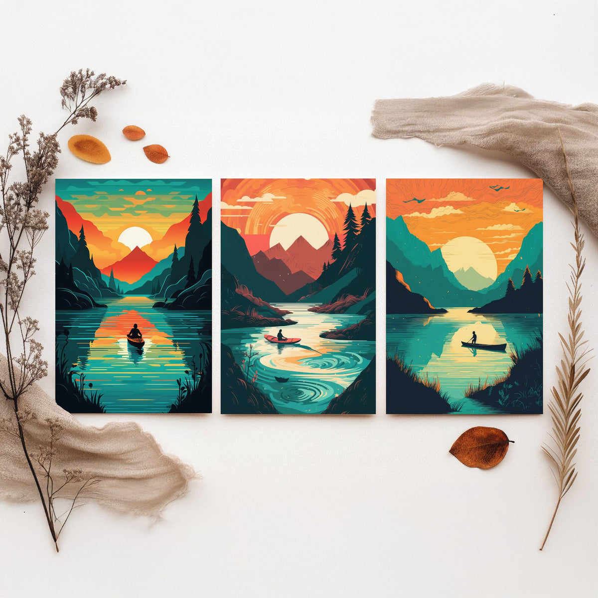 Kayak Sunset Set of Three Art Prints - Mountain Lake, Forest, Setting Sun - Retro Paddling Poster Illustration