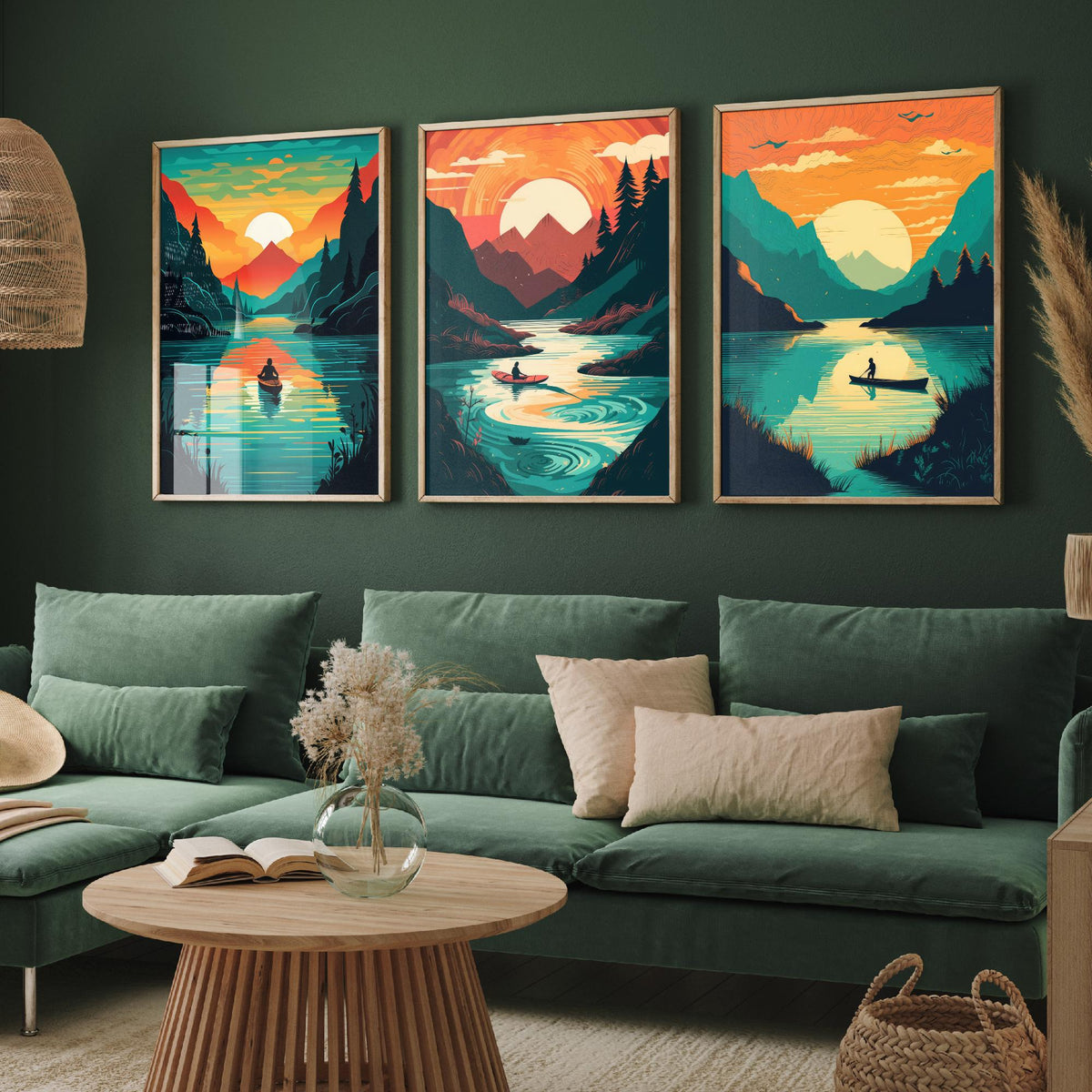 Kayak Sunset Set of Three Art Prints - Mountain Lake, Forest, Setting Sun - Retro Paddling Poster Illustration