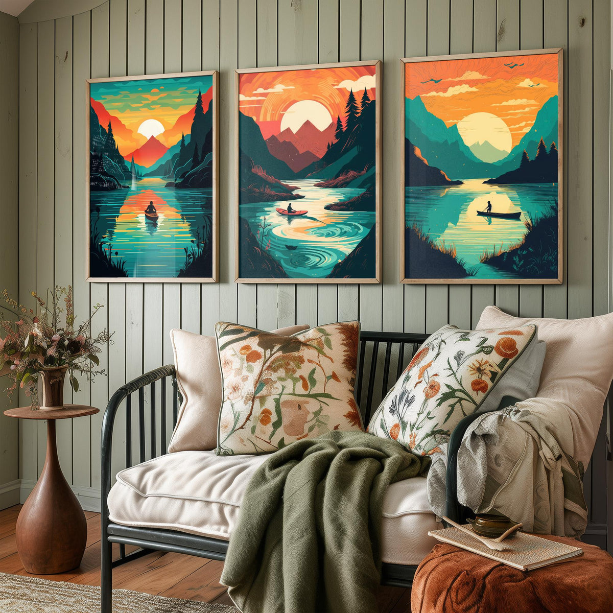 Kayak Sunset Set of Three Art Prints - Mountain Lake, Forest, Setting Sun - Retro Paddling Poster Illustration