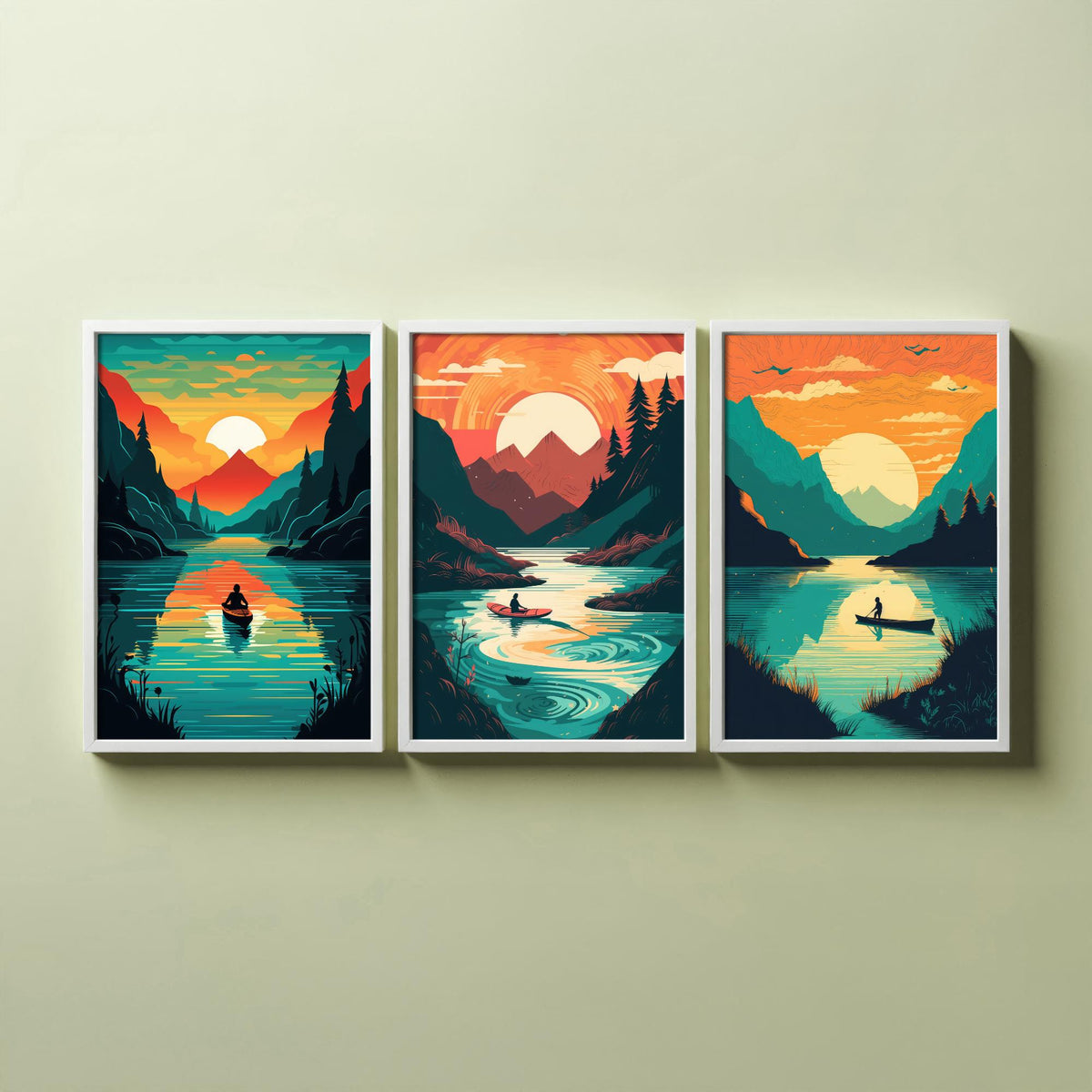 Kayak Sunset Set of Three Art Prints - Mountain Lake, Forest, Setting Sun - Retro Paddling Poster Illustration