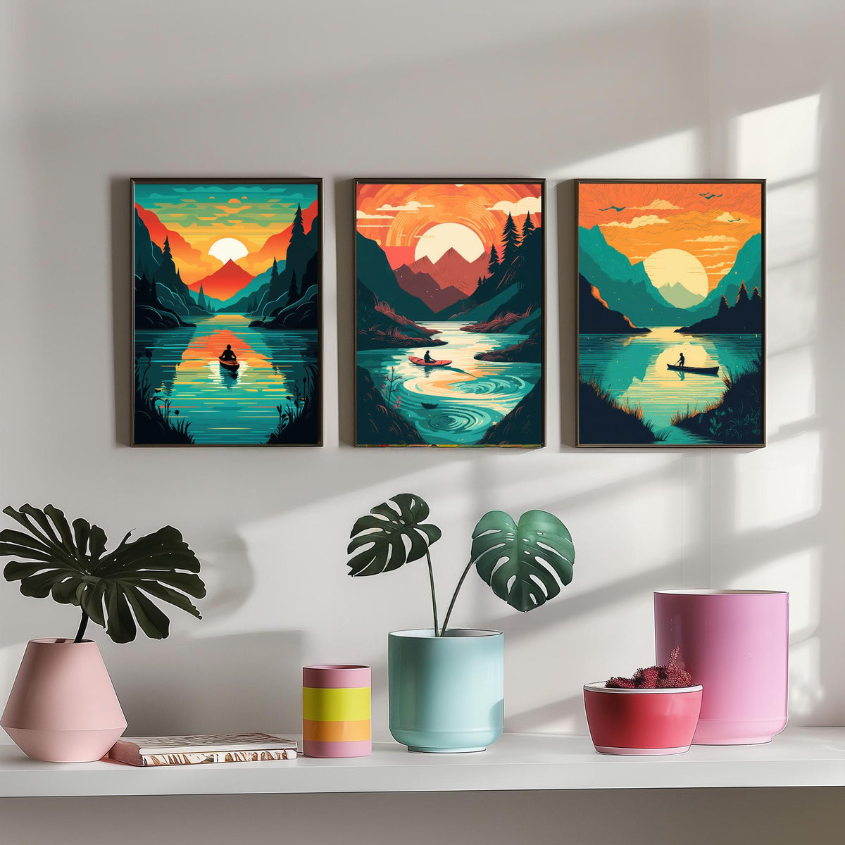 Kayak Sunset Set of Three Art Prints - Mountain Lake, Forest, Setting Sun - Retro Paddling Poster Illustration