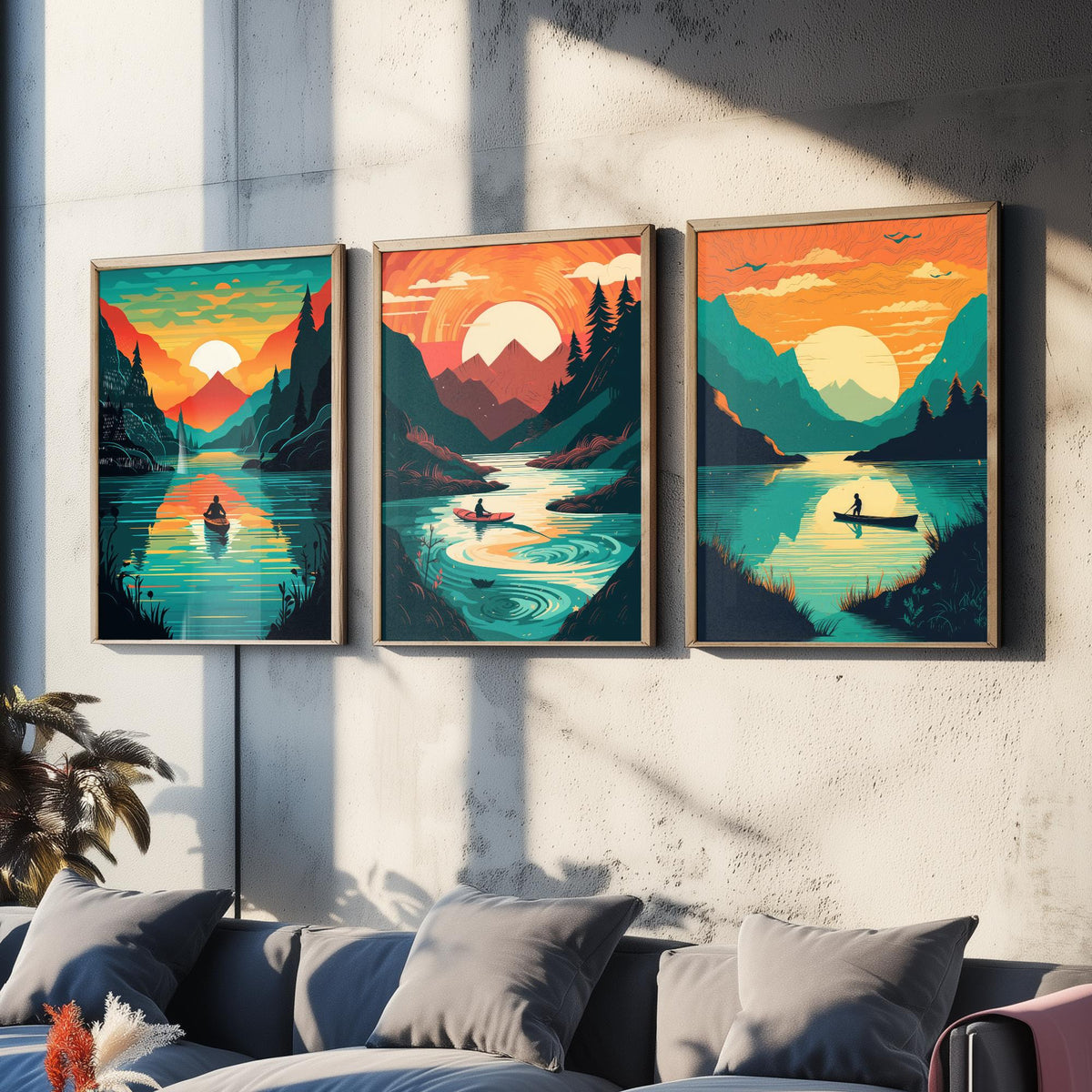 Kayak Sunset Set of Three Art Prints - Mountain Lake, Forest, Setting Sun - Retro Paddling Poster Illustration