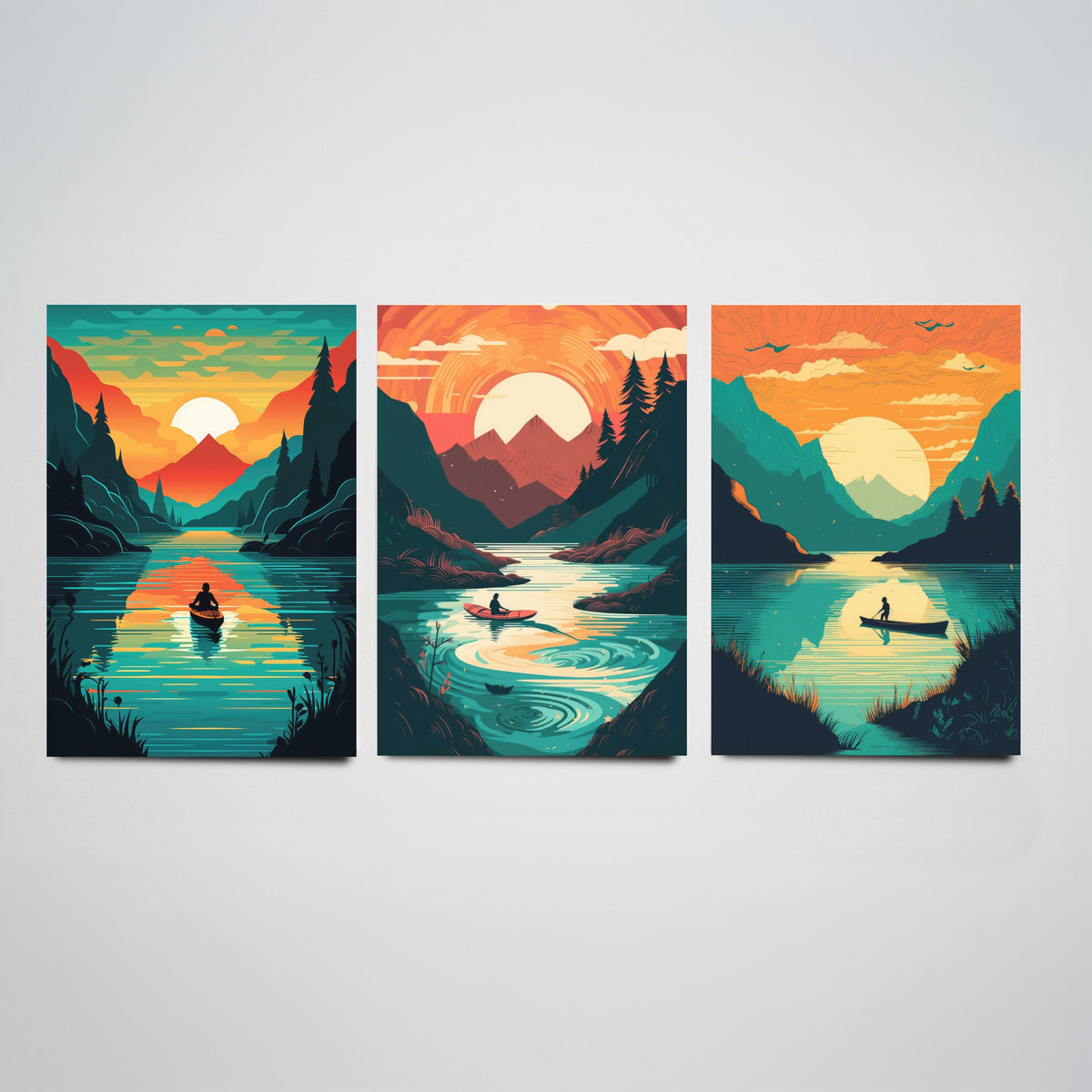 Kayak Sunset Set of Three Art Prints - Mountain Lake, Forest, Setting Sun - Retro Paddling Poster Illustration