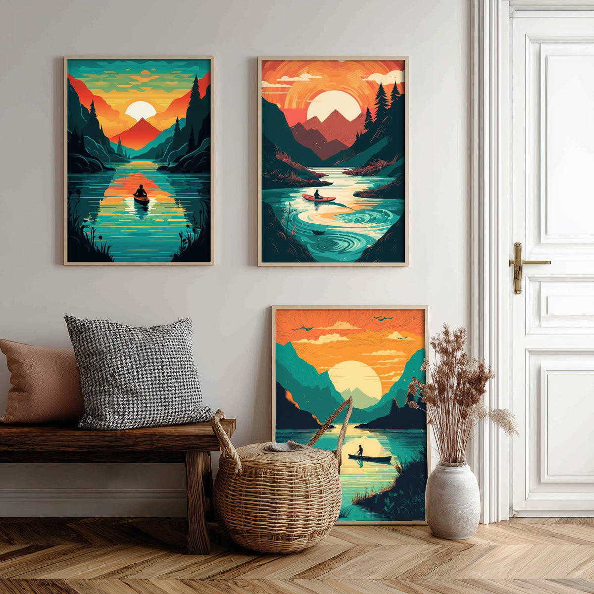 Kayak Sunset Set of Three Art Prints - Mountain Lake, Forest, Setting Sun - Retro Paddling Poster Illustration