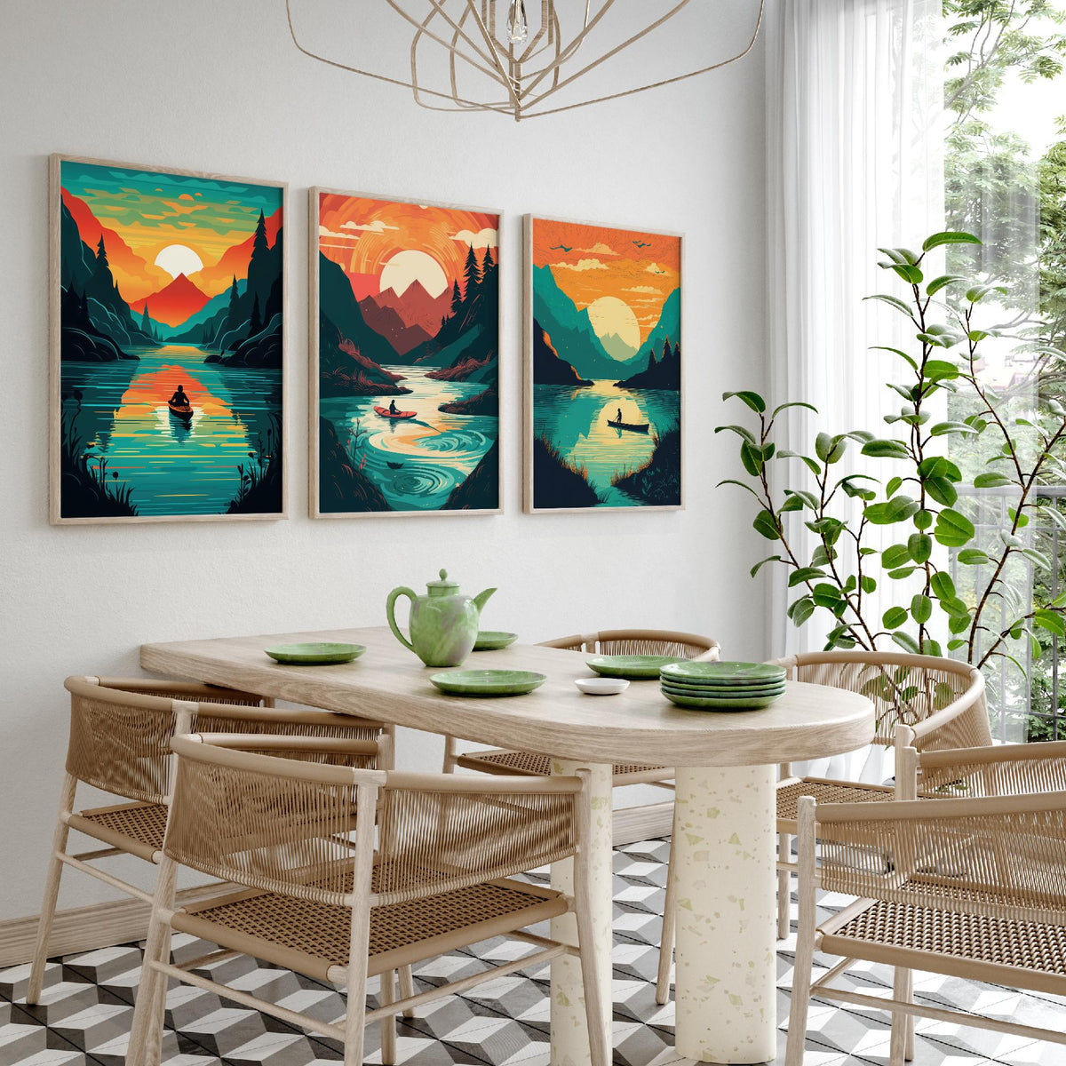 Kayak Sunset Set of Three Art Prints - Mountain Lake, Forest, Setting Sun - Retro Paddling Poster Illustration