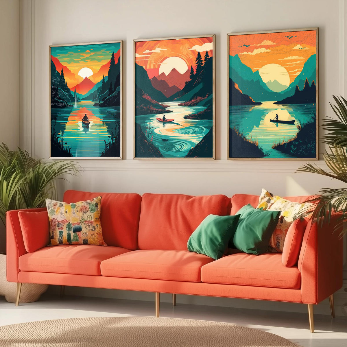 Kayak Sunset Set of Three Art Prints - Mountain Lake, Forest, Setting Sun - Retro Paddling Poster Illustration