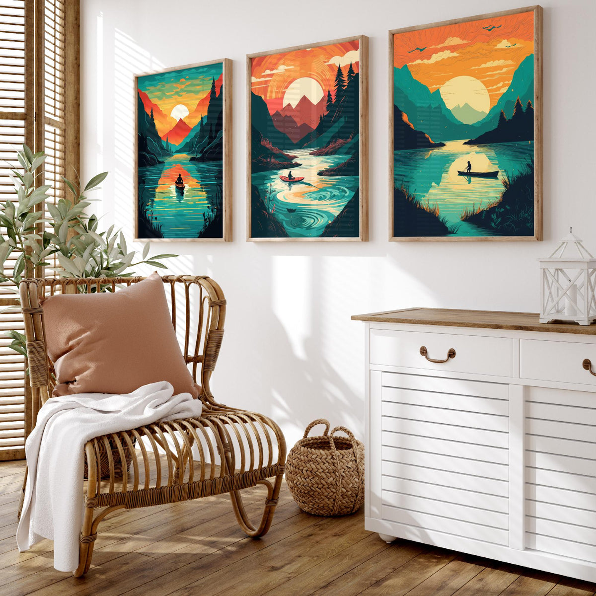 Kayak Sunset Set of Three Art Prints - Mountain Lake, Forest, Setting Sun - Retro Paddling Poster Illustration
