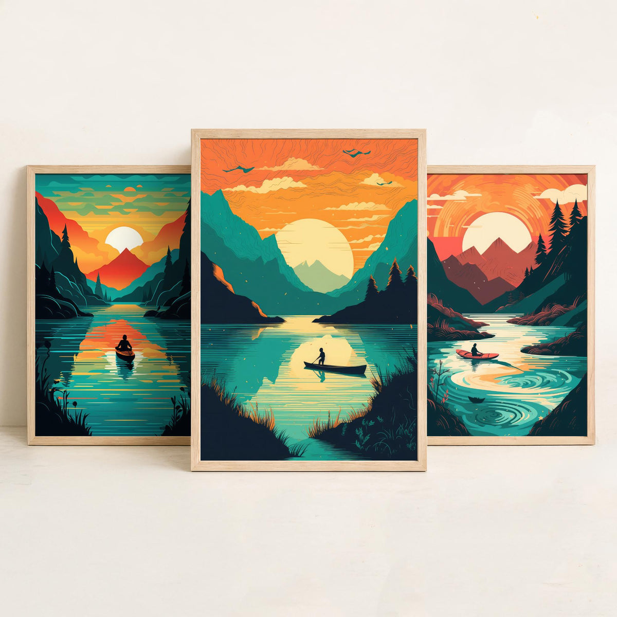 Kayak Sunset Set of Three Art Prints - Mountain Lake, Forest, Setting Sun - Retro Paddling Poster Illustration