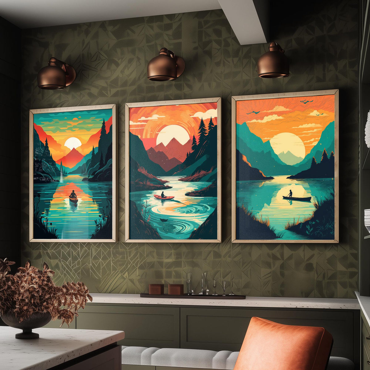 Kayak Sunset Set of Three Art Prints - Mountain Lake, Forest, Setting Sun - Retro Paddling Poster Illustration