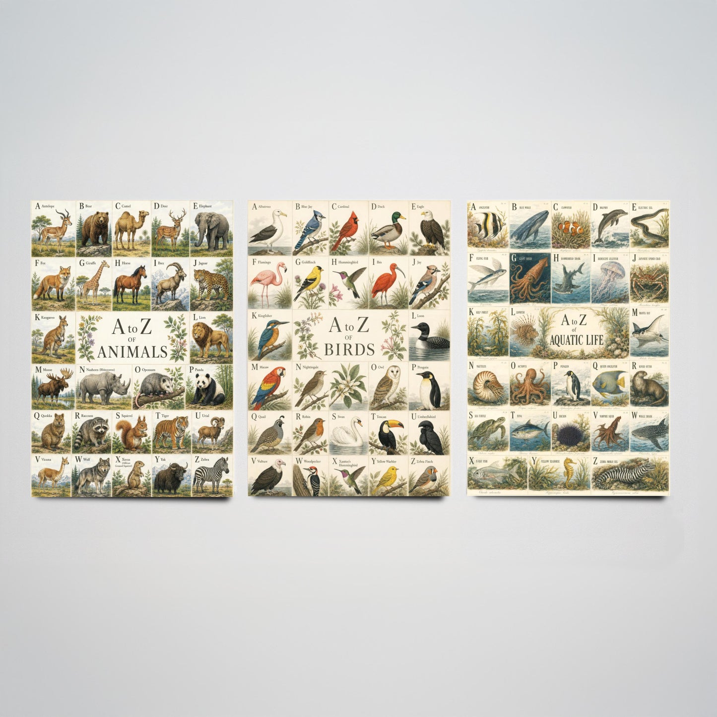 A to Z of Animals, Birds & Aquatic Life Set of Three Art Prints - 3 Vintage Alphabet Charts - Natural History Poster Illustration