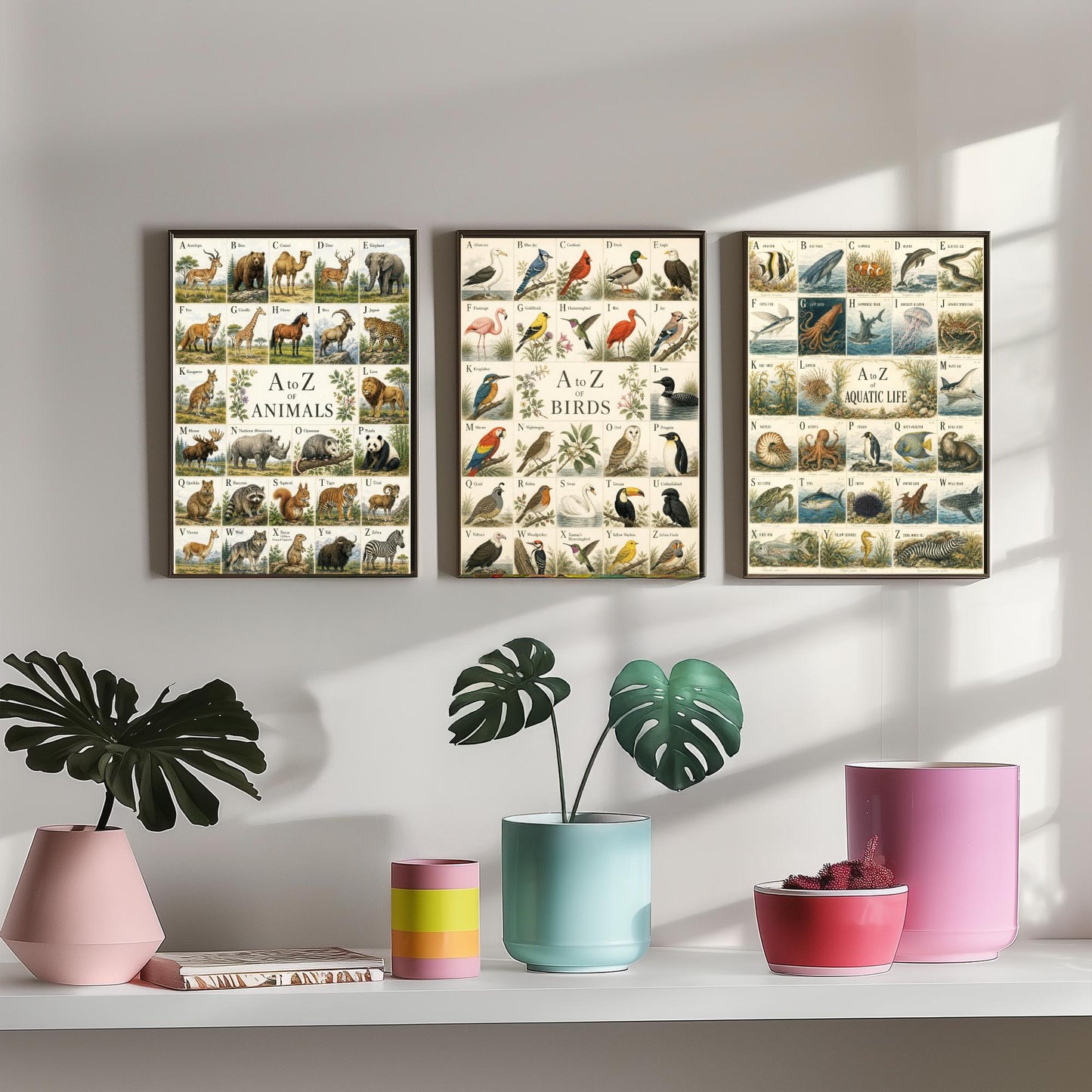 A to Z of Animals, Birds & Aquatic Life Set of Three Art Prints - 3 Vintage Alphabet Charts - Natural History Poster Illustration